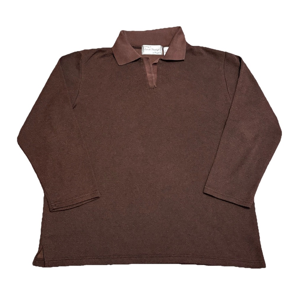Vintage Sarah Bentley Brown Knit Polo Shirt Women L Long Sleeve Cotton‎ Blend